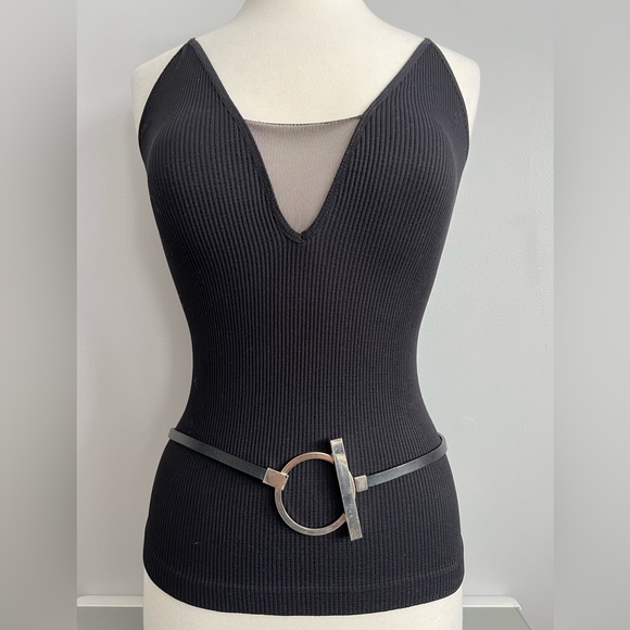 Limited Thin Leather Belt Black Silver Loop Contemporary Modern Womens M 32-34 - Picture 6 of 17